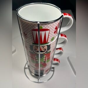 Pier 1  Stacking Nutcracker Mug Set 8 Oz Coffee Tea With Chrome Holder Stand